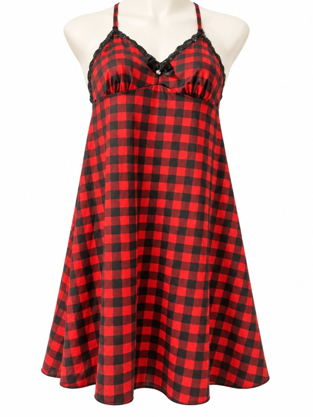 La Vie en Rose Red Black Plaid Lace Babydoll Nightgown Size S